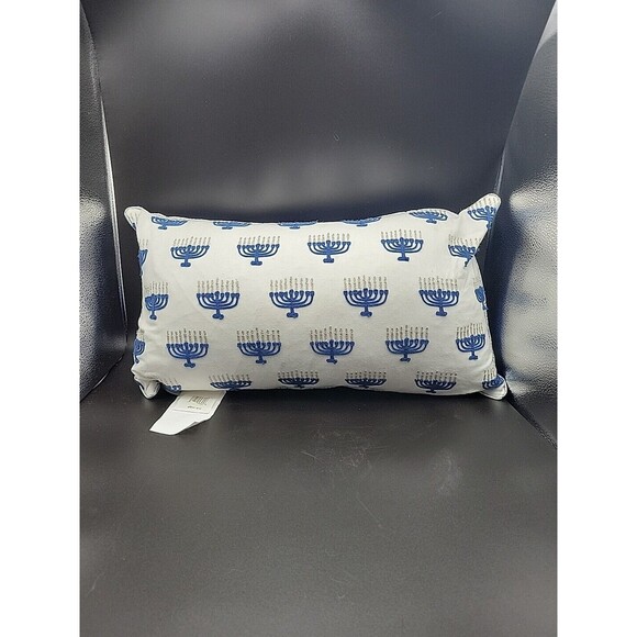 Lacourte HAPPY HANAKKAH MENORAH Reversible Pillow Blue White 24" Removeable Covr - Picture 2 of 6